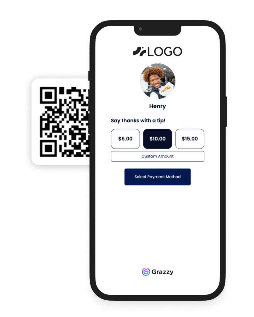 Grazzy allows guests to use a QR code, as shown here, or even Text2Tip to send gratuity. Hotels, car washes and other service businesses can all effectively increase employee earnings by empowering guests without cash to leave digital tips.